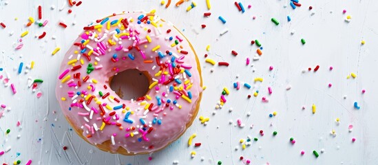 Delicious treat made with donut and sprinkles on white background.