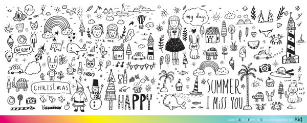Vector illustration of Doodle cute for kid, Hand drawn set of cute doodles for decoration,Funny Doodle Hand Drawn, Summer, Doodle set of objects from a child's life,Cute animal