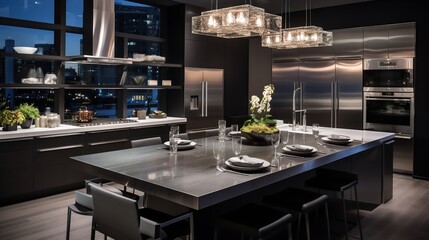 Sleek Urban Kitchen Chic: Metallic Sheen and Transparent Elegance