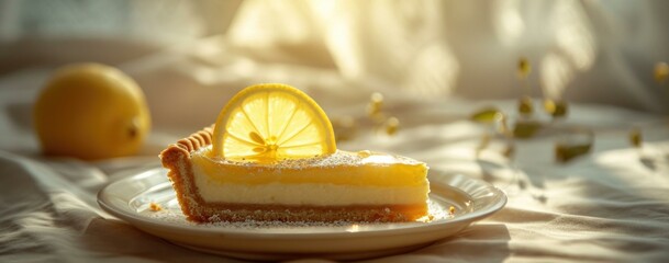 A slice of lemon cheesecake on a plate. Generative AI. - obrazy, fototapety, plakaty