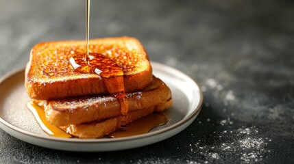 A stack of french toast with syrup being poured on top. Generative AI.