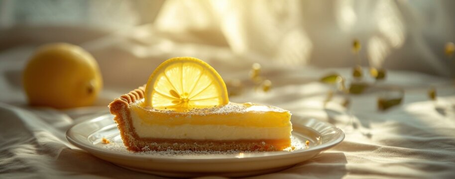 A slice of lemon cheesecake on a plate. Generative AI.