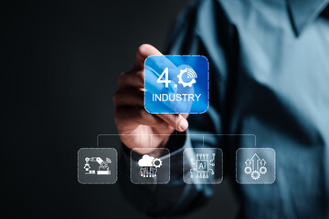 Smart industry 4.0 concept, Person touch virtual screen of industry icon, smart industrial revolution, automation, robot assistants, iot, cloud and big data.