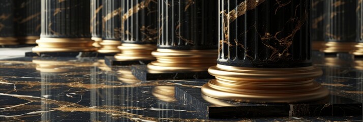 3D Rendering Black and Gold Corridor Pillars, Columns Outside the Supreme Court in Washington, D.C., Featuring Marble Accents - obrazy, fototapety, plakaty