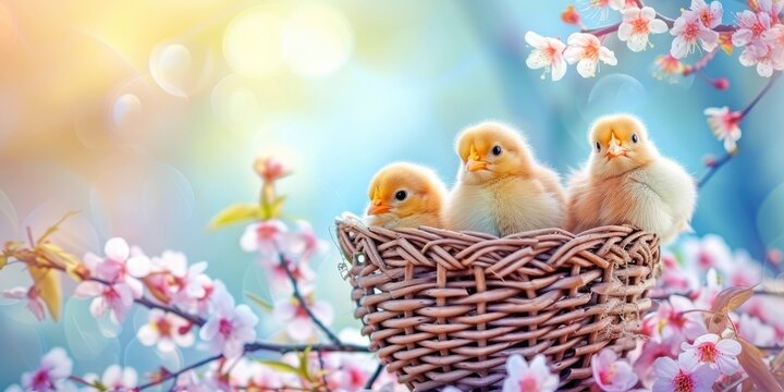 Adorable Fluffballs, Chicks Nestled in a Basket, Captured in a Bright and Colorful Photo, Radiating Warmth and Cheer.