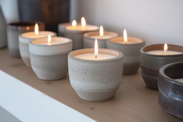 Fototapeta na wymiar A series of minimalist candles in concrete containers, displayed in a row, providing a modern and simplistic aesthetic.