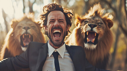 Businessman in a suit with two lions