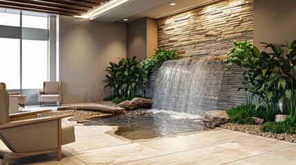 The lobby of this office features a soothing water feature creating a sense of serenity and promoting a connection to the natural world.
