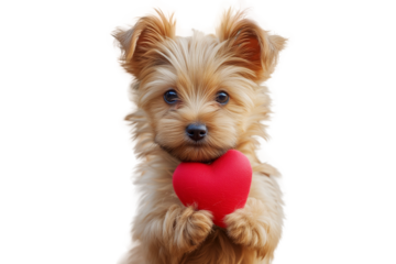 Funny portrait cute puppy dog holding red heart, die cut PNG file.