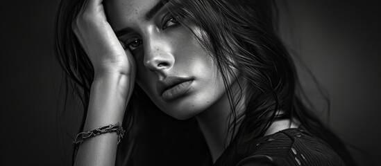 Fashion model posing with emotional intensity in a dramatic black and white portrait.