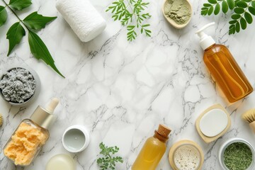 Fototapeta na wymiar A variety of natural skincare products arranged on a marble surface with a green plant.