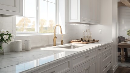Fototapeta na wymiar Elegant Classic White Kitchen with Timeless Marble Accents
