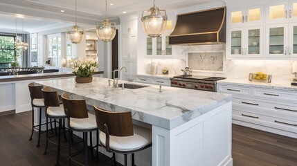 Elegant Classic White Kitchen with Timeless Marble Accents - obrazy, fototapety, plakaty