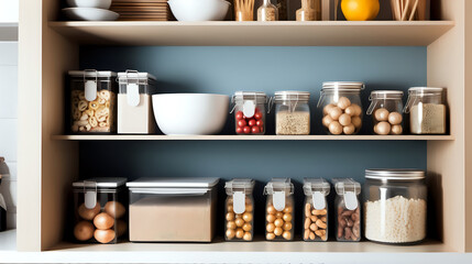 Home storage, organize home, shelf and storage for food and stuff in kitchen home design concept