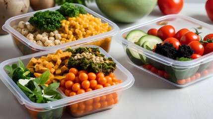 Healthy vegetarian food in containers, A lot of vegetable, fruit, berries on table, kitchen background, bright tone