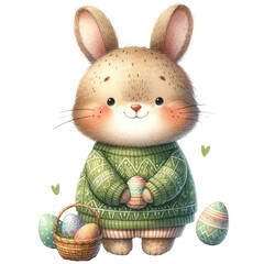 Cute Bunny with Easter Egg and Flowers Illustration