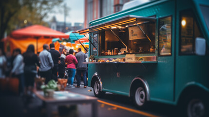 Food truck festival in the city, selective focus, photo shoot - obrazy, fototapety, plakaty