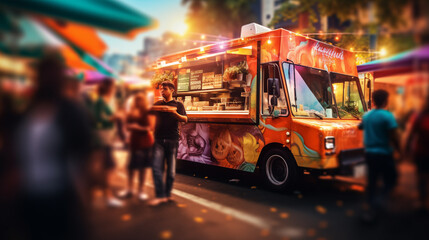 Fototapeta premium Food truck festival in the city, selective focus, photo shoot