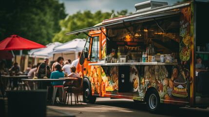 Food truck festival in the city, selective focus, photo shoot 
