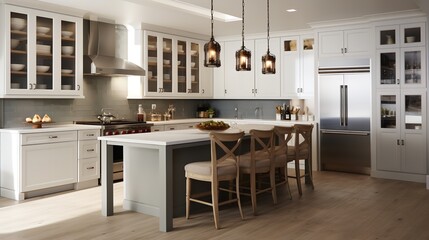 Fototapeta premium Coastal Grandmother Chic: Soothing Neutrals & Timeless Comfort in the Kitchen