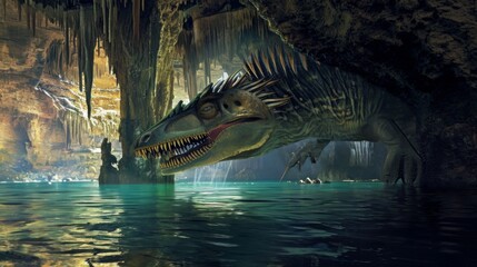 An eerie scene of a spinosaurus lurking in the shadows of an underground lake its long snout peeking out of the water as it waits for prey to come near.