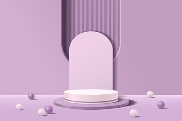 3D white and purple cylinder pedestal podium with a backdrop of geometric abstract arched window