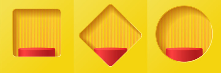 Set of yellow and red abstract 3d minimal geometric backdrops