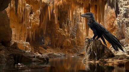 A cunning microraptor perches on a stalagmite inside an underground grotto scanning the depths for potential prey. - obrazy, fototapety, plakaty