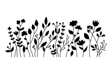 Silhouette wildflowers grass. Black hand drawn vector illustration with spring or summer flowers. Shadow of herb and plant. Nature field isolated on white background