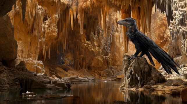 A cunning microraptor perches on a stalagmite inside an underground grotto scanning the depths for potential prey.