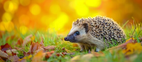 Autumnal hedgehog in grassy meadow, promoting wildlife protection and natural gardening.
