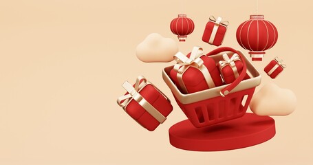 Chinese New Year Sale Offer , Coupons coins and podium stage display Gift box , Discount Promo China frame banners, web posters, flyers, greeting cards , 3D rendering
