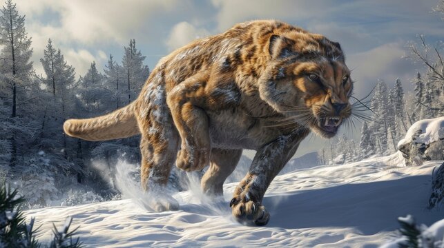 A sy and resilient smilodon its powerful body covered in thick fur to withstand the freezing temperatures of the Ice Age.
