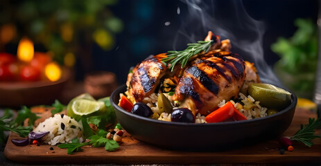 Charcoal grilled chicken. Olives, rice, spices, food bokeh Dark background