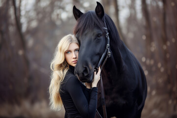 Obraz premium beautiful blonde hugs her horse by the muzzle