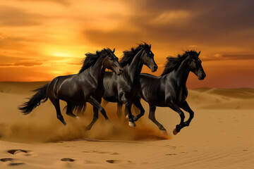 three graceful black horses galloping across the desert