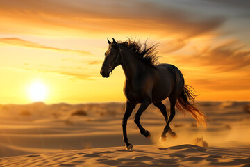 Obraz na płótnie Canvas a graceful black horse gallops through the desert at sunset