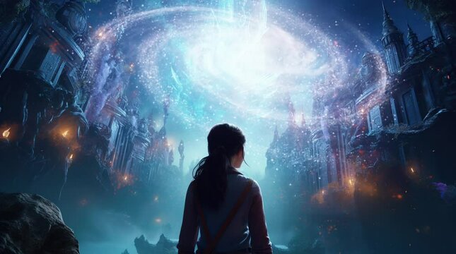 Girl Admiring the Spectacular Galaxy in the Vastness of Outer Space Seamless looping 4k time-lapse virtual video animation background. Generated AI