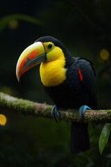 Colorful Toucan bird (Ramphastos toco) sitting on a branch exotic wildlife forest animal