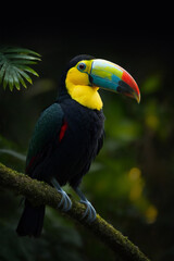 Toucan keelbill bird in the rainforest of Costa Rica, yellow black tropical