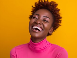 Vibrant image of a cheerful young African women laughing heartily, wearing a pink turtleneck against a vivid yellow backdrop.
