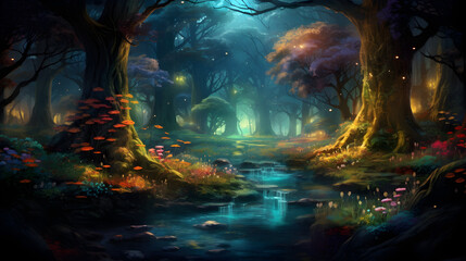 The forest at night is a magical fantasy fairy tale scenery 
