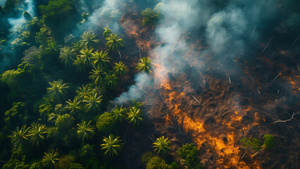 Fototapeta na wymiar Drone view of burning forest. Burnt pine forest and green forest.