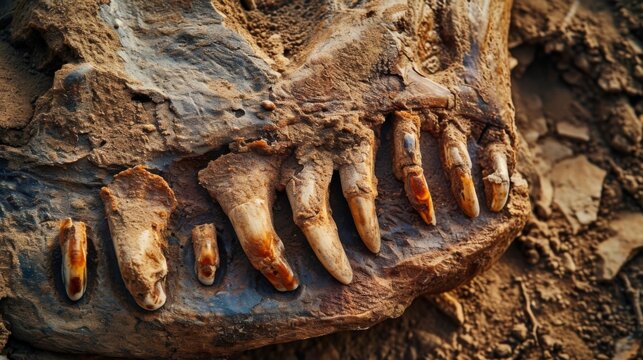 A set of fossilized teeth embedded in a bone suggesting scavenging behavior in a previously unknown carnivorous dinosaur species.
