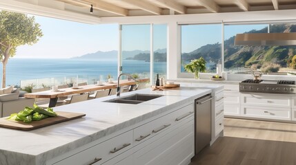 Fototapeta na wymiar Oceanfront Opulence: Contemporary Coastal Kitchen with Breathtaking Views