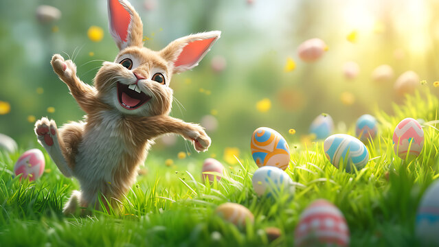 Cute easter bunny jumping for joy, lots of eggs in the grass.