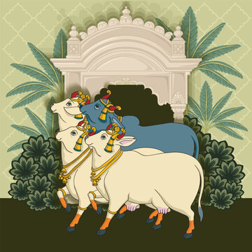 Indian traditional Rajasthani painting group of happy cows and bull in front of arch