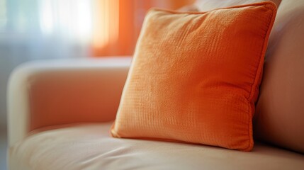 Fototapeta na wymiar A pillow in the trendy color Peach Fuzz, set against a background with selective focus, providing ample copy space for additional content or text.