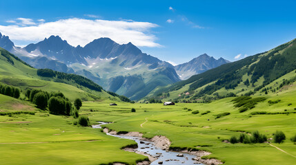 Majestic view of beautiful lush green valley with trees and colorful grass against picturesque high
