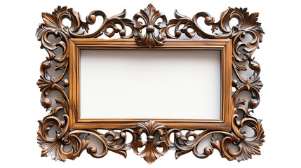 Wooden picture frame with intricate carving isolated on white background.